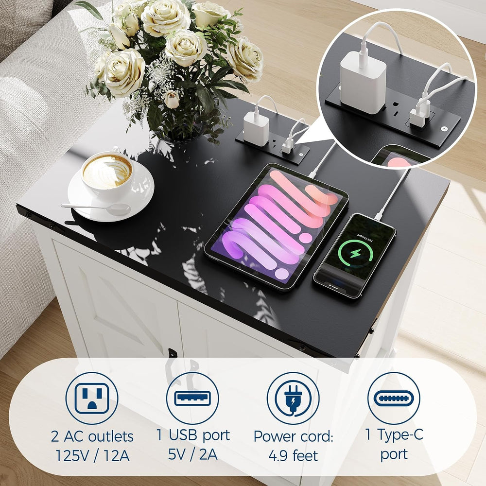 Takywep 24" White Farmhouse Side Table with USB Charging Station, Large ...