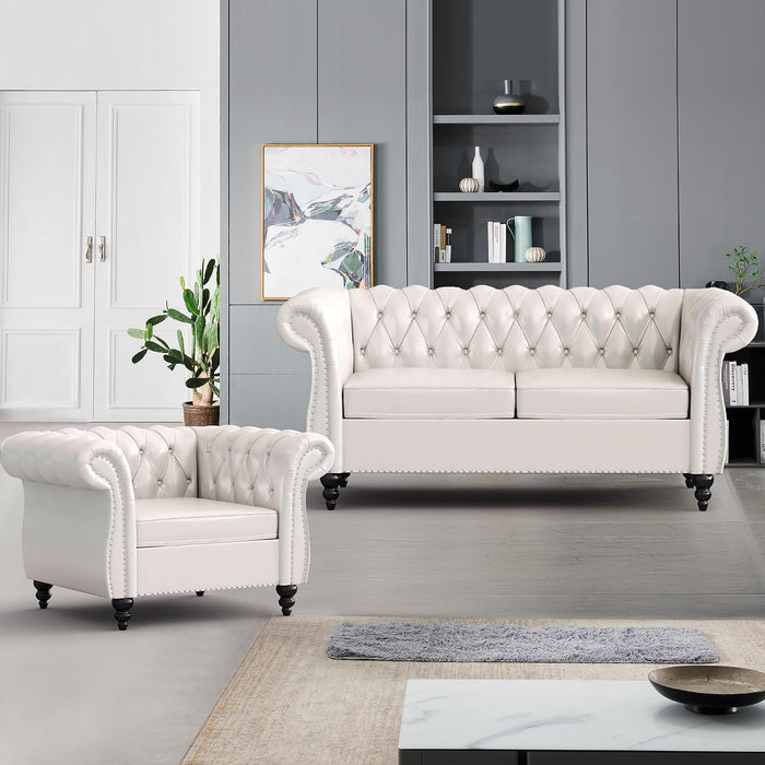 2 Piece Living Room Furniture Set, Faux Leather Loveseat and Chair Set, Mid Century Modern Upholstered Sofa Couch with Cushions, Vintage Comfy Tufted Chesterfield Couches for Bedroom, Office (White)