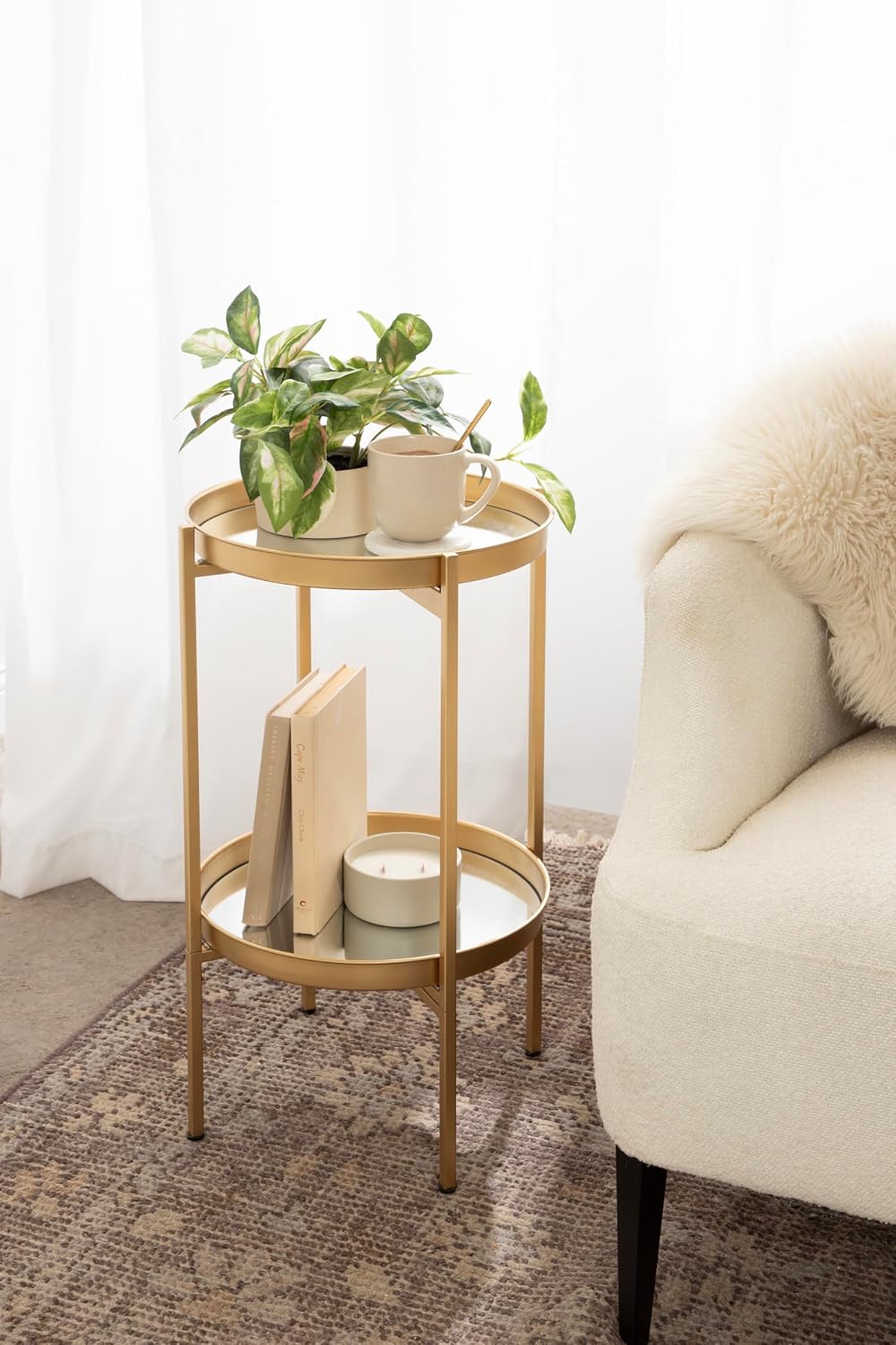 Kate and Laurel Celia Round Metal Foldable Tiered Side Table, 16 x 26, Gold, ...