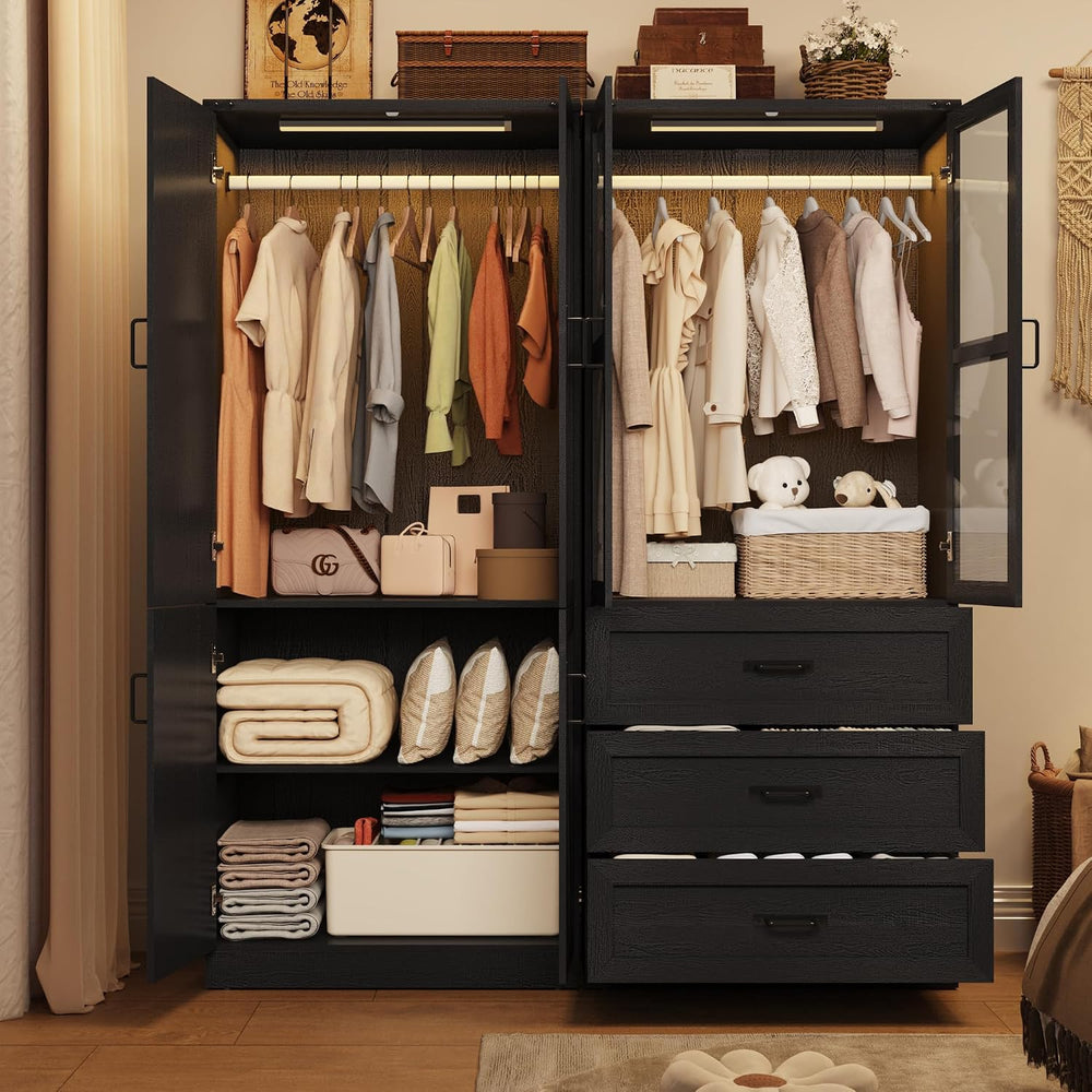 75" Tall Farmhouse 4 Doors Armoire Wardrobe Closet with 3 Drawers and LE...