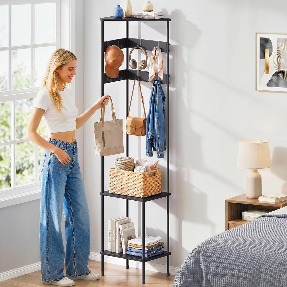Corner Coat Rack Freestanding with Shelves and 8 Hooks, Black