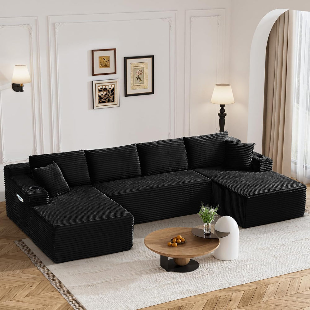 133" U-Shaped Modular Sectional Sofa, Corduroy Couch, Black | Cloud Luxu...