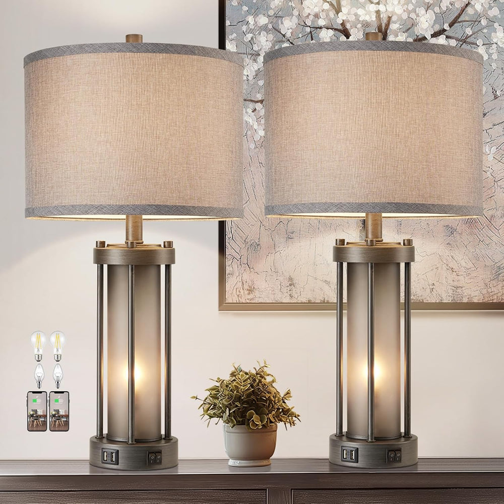 RORIA Set of 2 Rustic Table Lamps for Living Room with 2 USB Ports