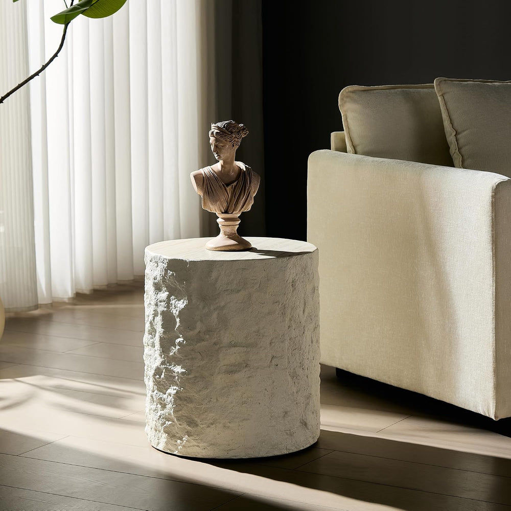 Round Side Table End Table for Living Room, Modern Contemporary Faux Stone St...