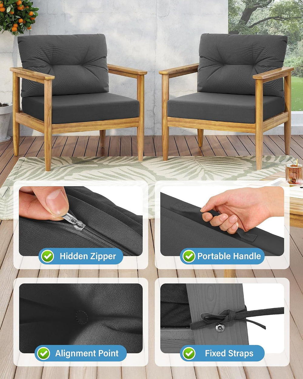 YEFU 24x24 Outdoor Cushions, Outdoor Seat Cushions Set of 2, Dark Gray