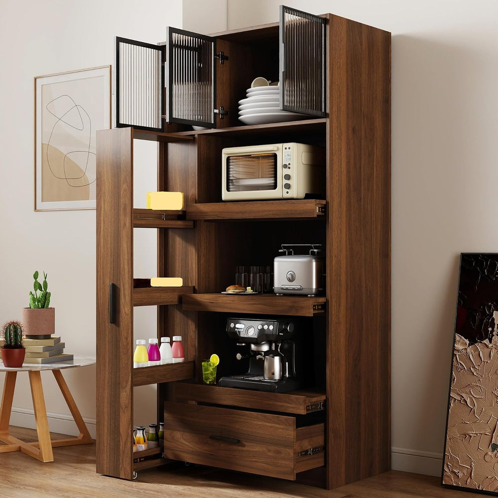 ZeHuoGe Kitchen Pantry Cabinet with 3 Aluminum Frame Glass Doors & 1 Draw...