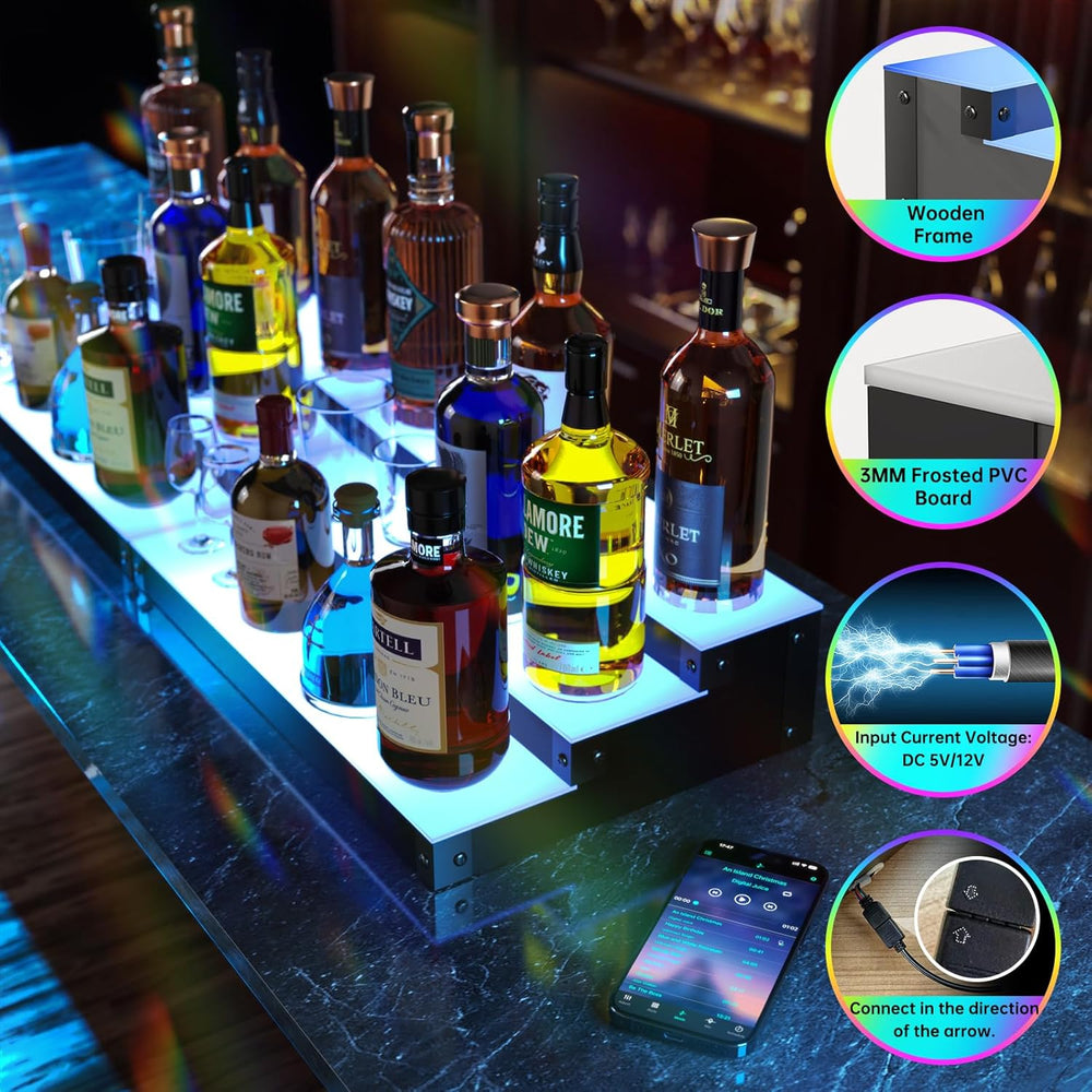 LED Illuminated Bar Bottle Display Rack, 3-Tier 32" Multi-Color Whiskey ...