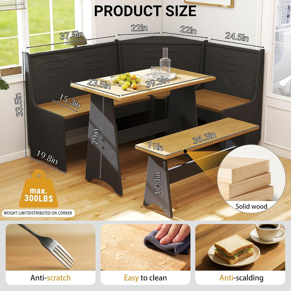 Breakfast Nook Set 3-4 Seat L-Shaped with Hidden Storage - Space Saving Corne...