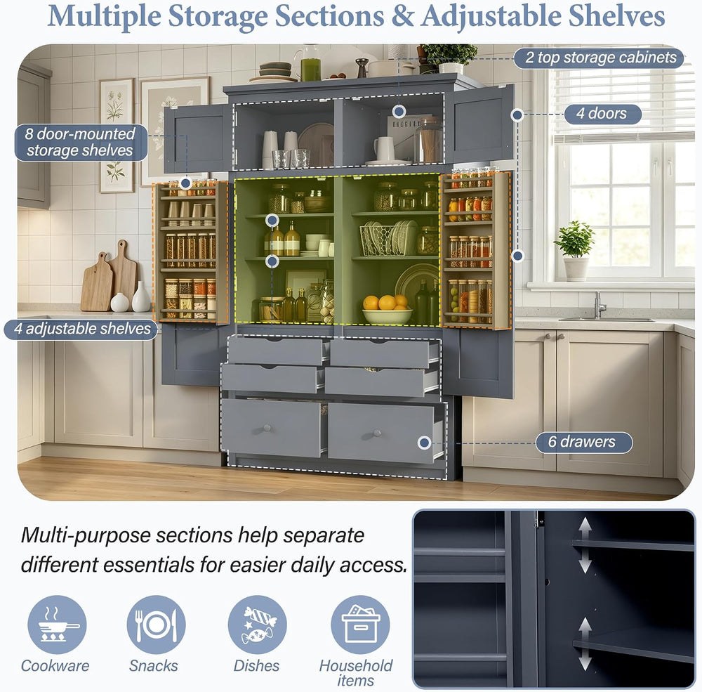 Freestanding Kitchen Pantry with Drawers, Shelves & Pull-out Trays,Gray |...