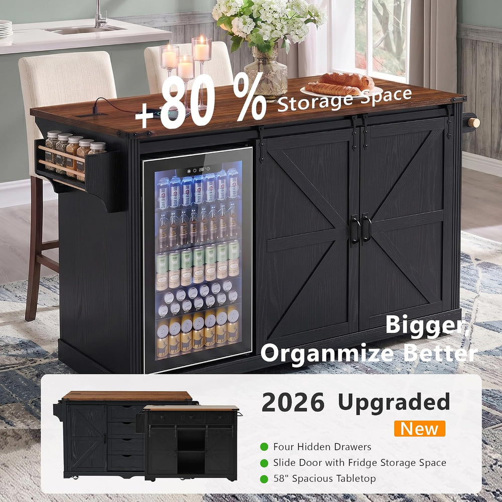 72" Farmhouse Kitchen Island with Mini Fridge Storage Space & Power ...