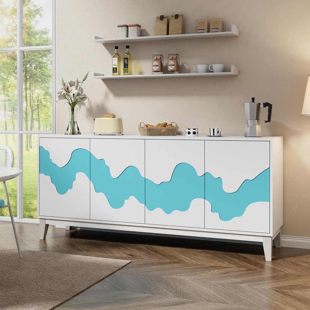 Anbuy Modern 4 Door Sideboard Buffet Cabinet with Storage Blue Water Stream D...