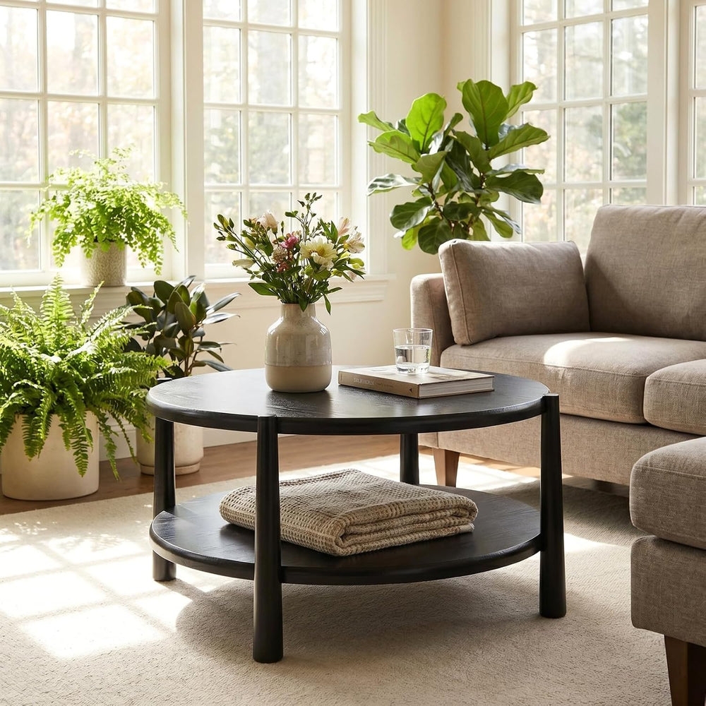 Black Round Coffee Table with Open Storage Shelf