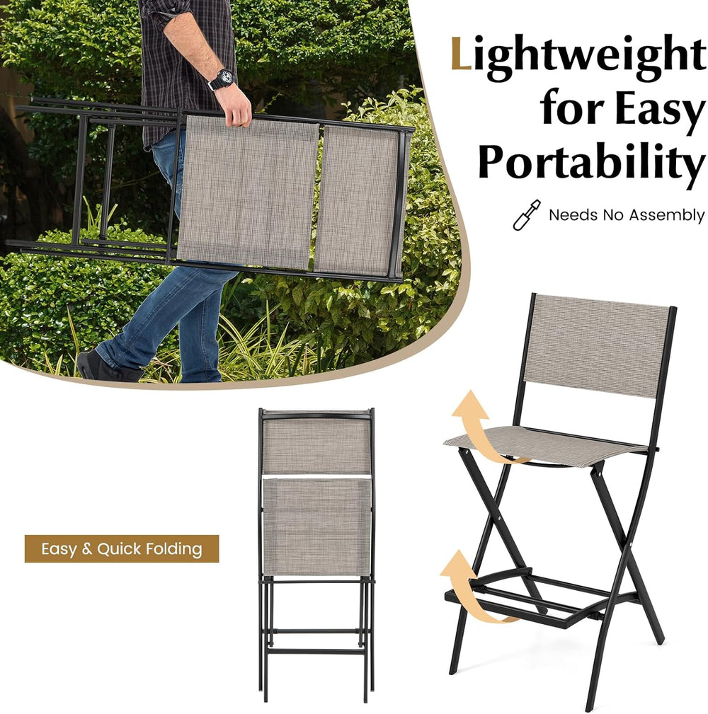 COSTWAY Outdoor Patio Folding Bar Chair Set of 2 with Metal Frame, Footrest