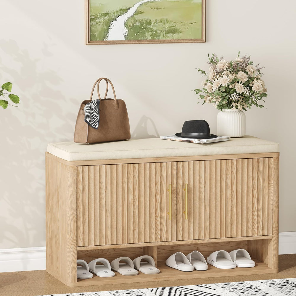 Fluted Shoe Storage Bench, Entryway Bench with Adjustable Shelves | Hidden Sh...