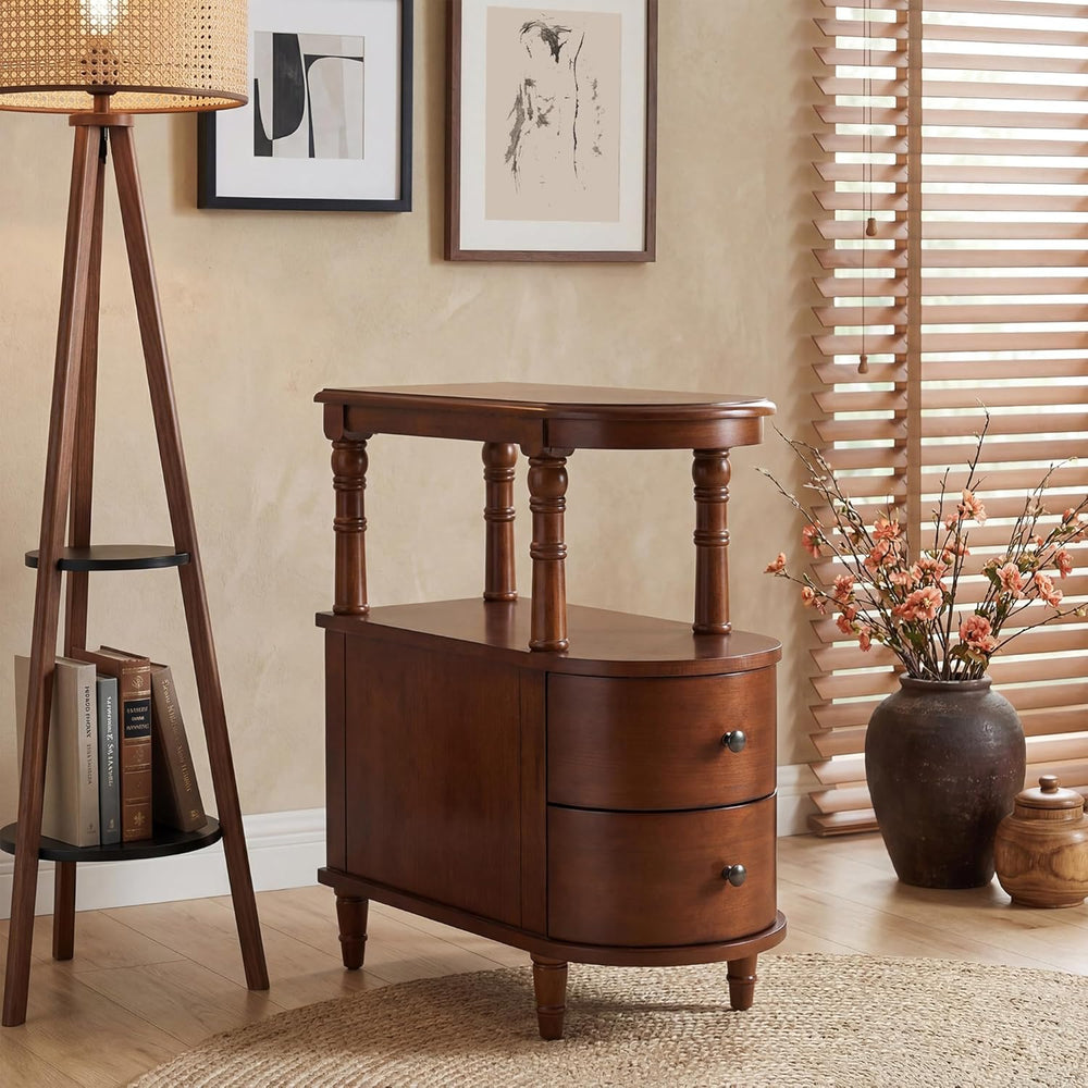 Narrow End Side Table With 2 Drawers and Storage Shelf, Slim Side Tables, Far...
