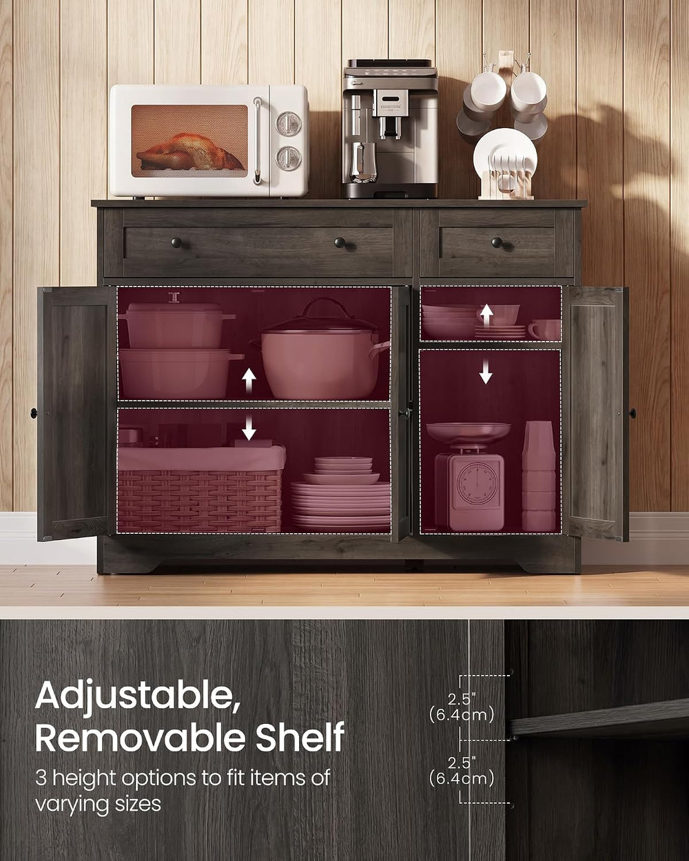VASAGLE Buffet Cabinet, Sideboard, 3 Doors, 42.1 x 15.8 x 31.8 Inches