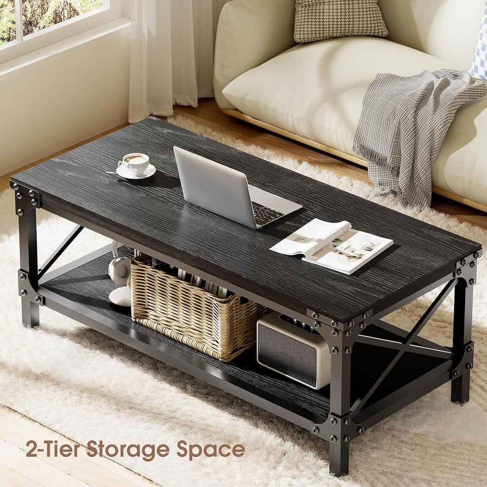 Rectangle Coffee Tables for Living Room, Wood Rectangular Coffee Table, 2 Tie...
