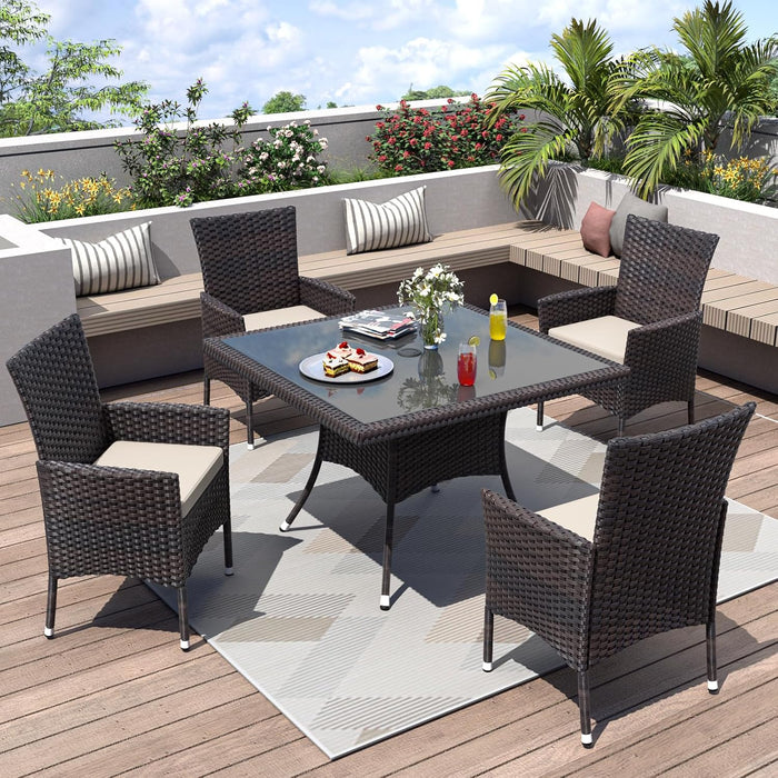 ALAULM 5 Piece Patio Dining Set All-Weather Wicker Outdoor Furniture Set w/Tempered Glass Tabletop, Removable Cushions and Umbrella Hole for Patio, Backyard, Garden, Poolside(Brown)