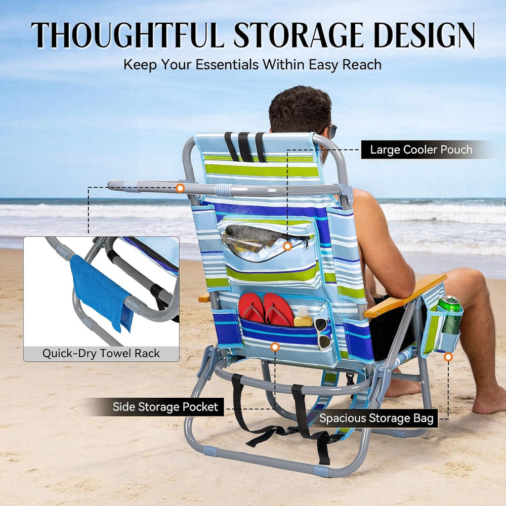 Backpack Beach Chair Wide Seat High Back Folding Camping Chair for Adults 5-P...
