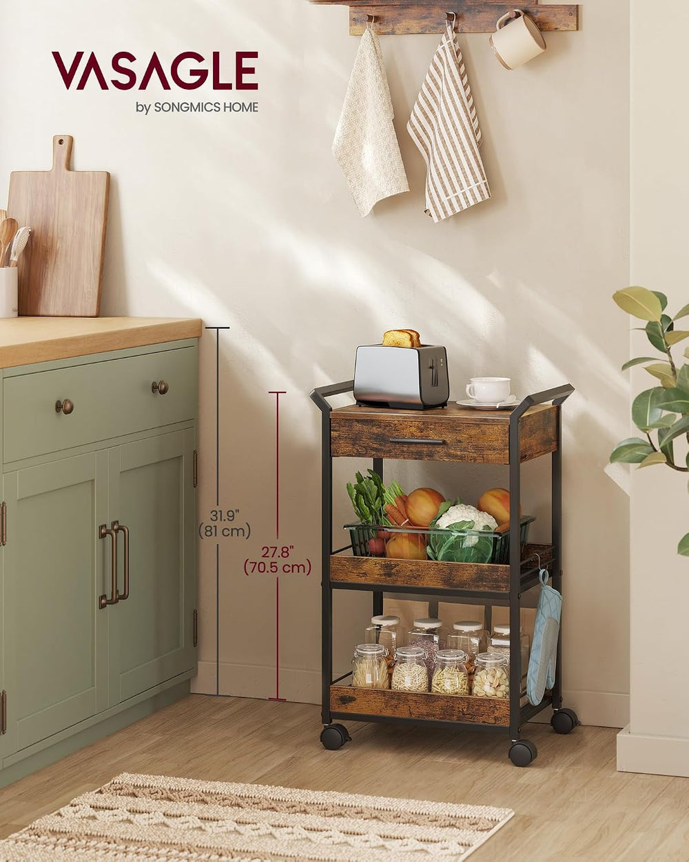 VASAGLE Storage Cart, 3-Tier Rolling Utility Cart with Table Top | Top Drawer...
