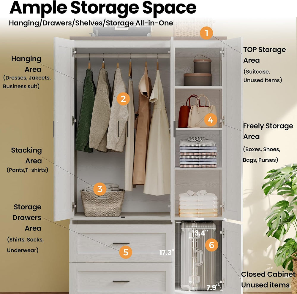 ANCTOR 3-Door Armoire Wardrobe Closet with 2 Drawers and Shelves, White