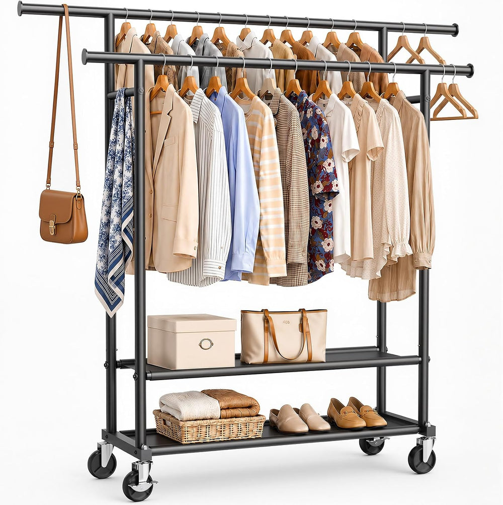 Portable Clothes Rack Rolling Garment Rack with Wheels 26OLBS Black