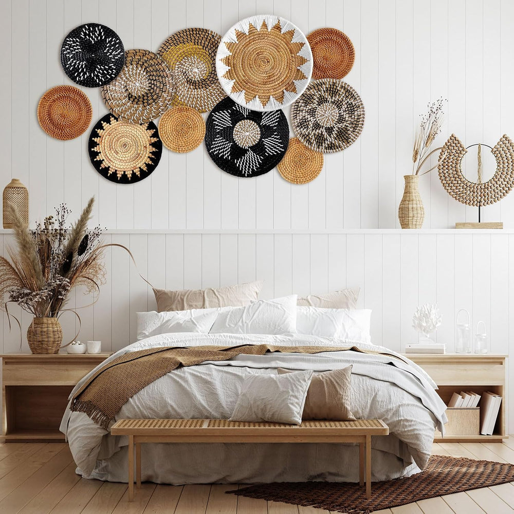11 Pcs Boho Hanging Wall Basket Decor Handmade Woven Basket Wall Decorative B...