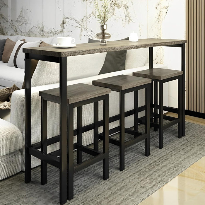 Merax 4-Piece Counter Height 60.2inch Extra Long Dining Table Set with 3 Stools and Side Table with Footrest,Space-Saving Pub Kitchen Set,Gray