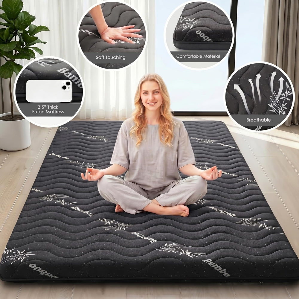 Japanese Floor Futon Mattress, 3.5" Thick Viscose Derived from Bamboo, T...