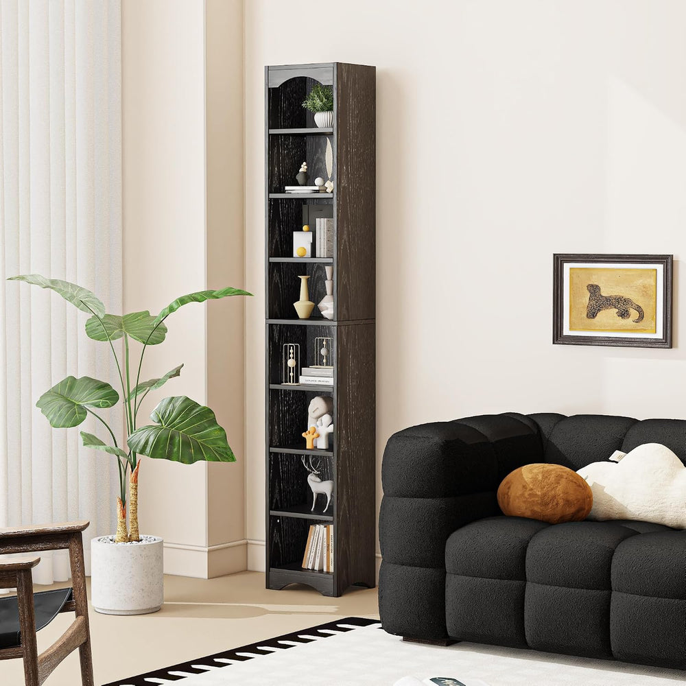 VECELO Curved Top Narrow Tall Bookshelf, 6 Adjustable Movable Shelves, Wood S...