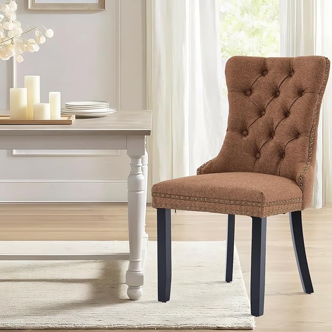 Linen Upholstered Dining Chairs Set of 2, Modern Style Kitchen Side Chairs wi...