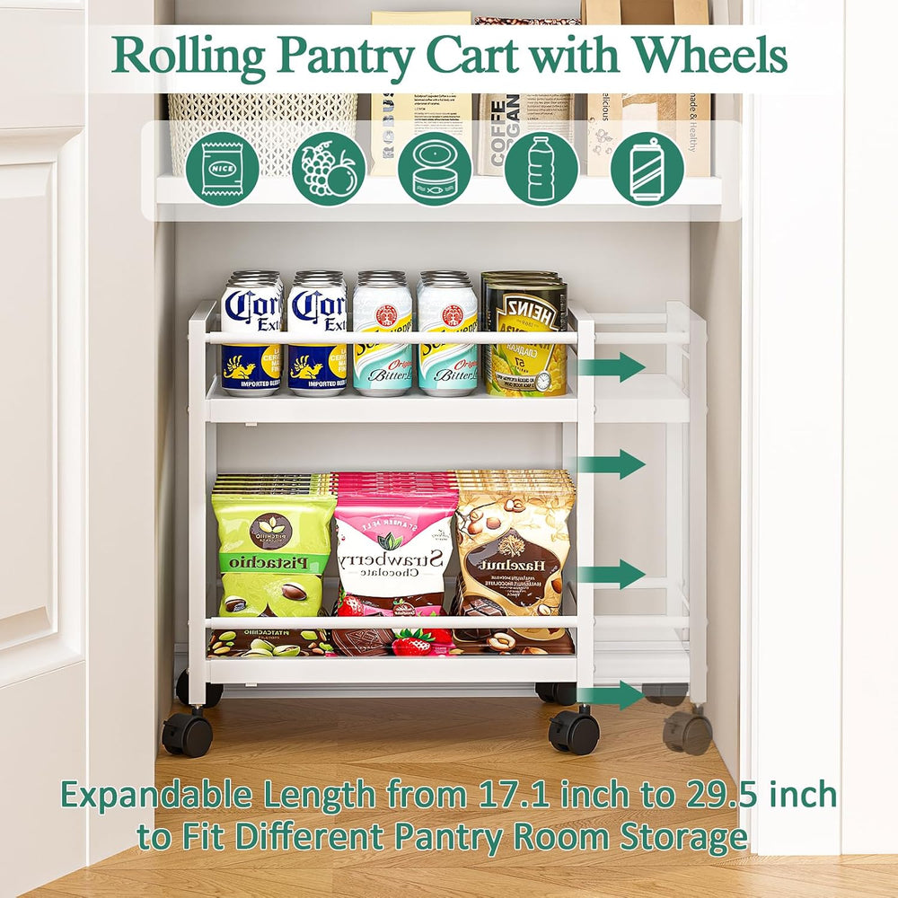 2-Tier Expandable Rolling Pantry Cart with Wheels, Adjustable Floor Organizer...