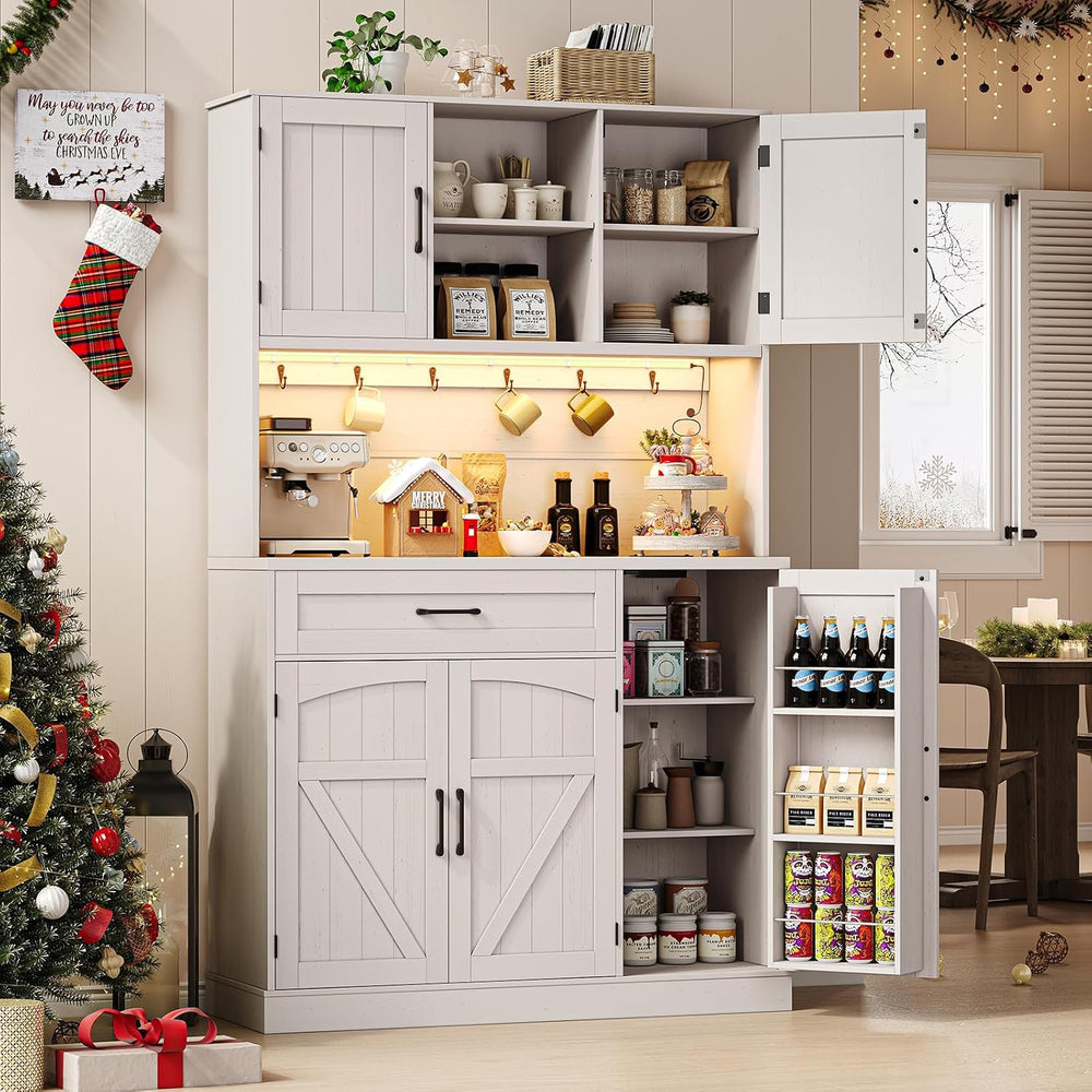 ONBRILL 71" Kitchen Pantry Storage Cabinet with LED Light/Outlet, Off-Wh...