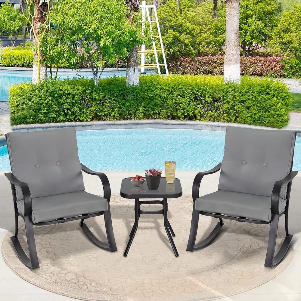 Outdoor 3-Piece Rocking Chairs, Patio Bistro Furniture Set, 2 Black Steel Roc...