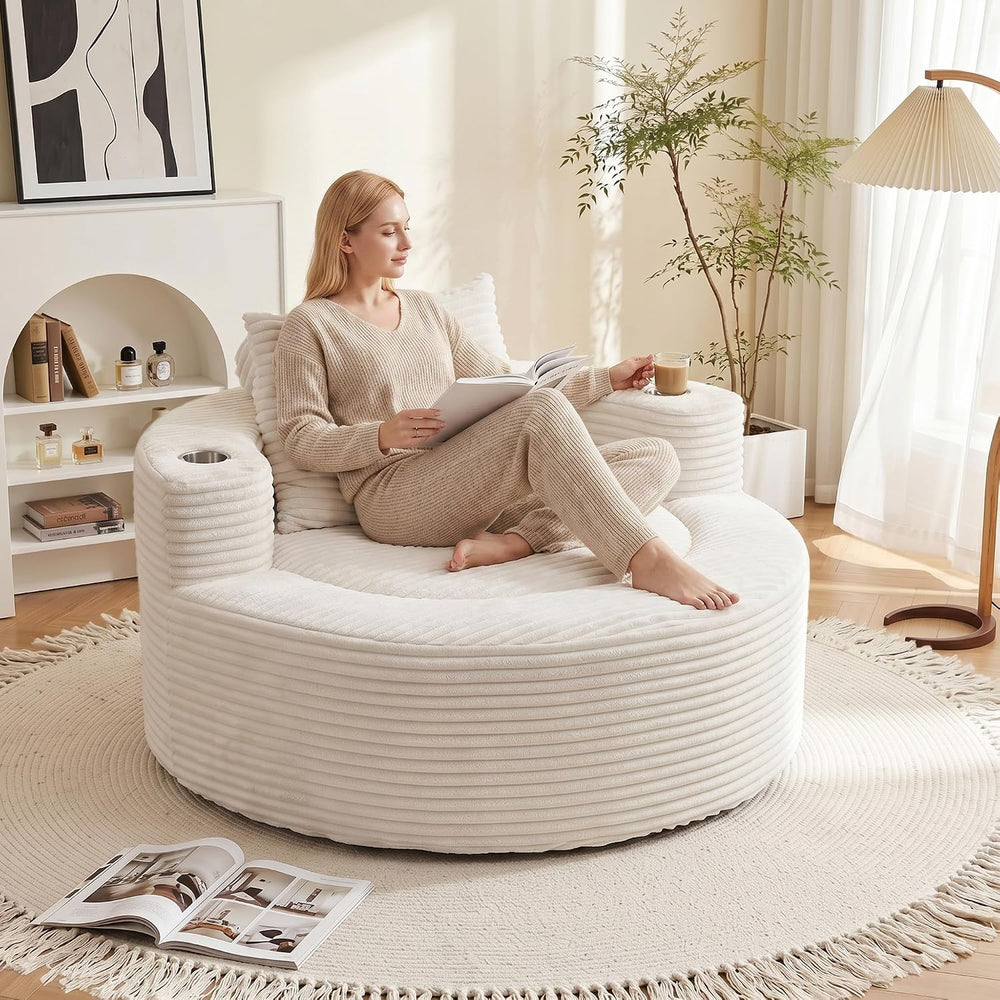 55.5" Oversized Round Chaise Lounge Chair Indoor, Corduroy White | Moder...