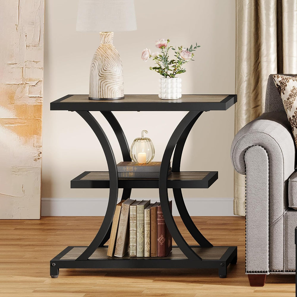 Tribesigns End Table with Storage, 3-Tier Side Table with Geometric Metal Des...