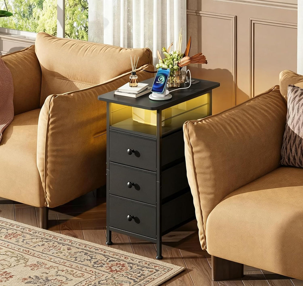 WLIVE Night Stand with Charging Station, End Table with 3 Fabric Drawers