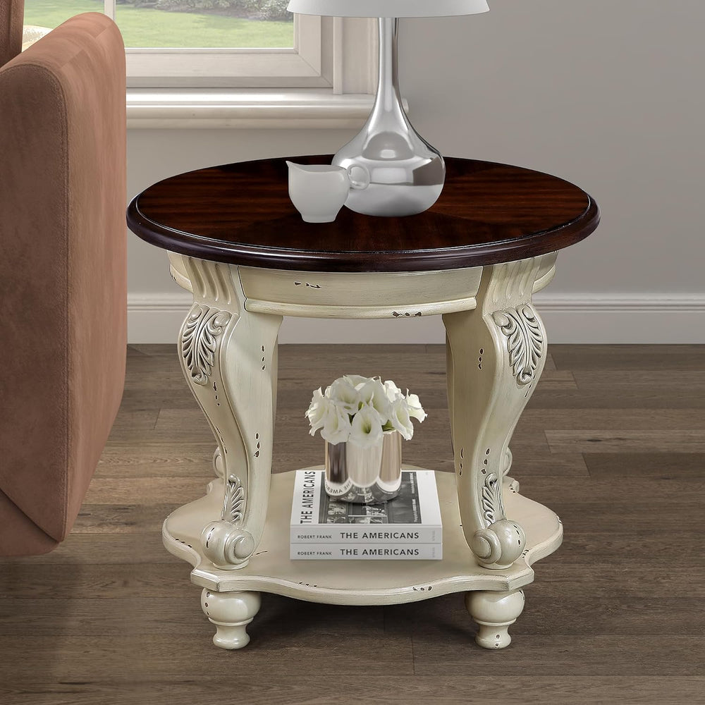 P PURLOVE 22'' Two Tone Round End Table with Shelf for Living Room, S...