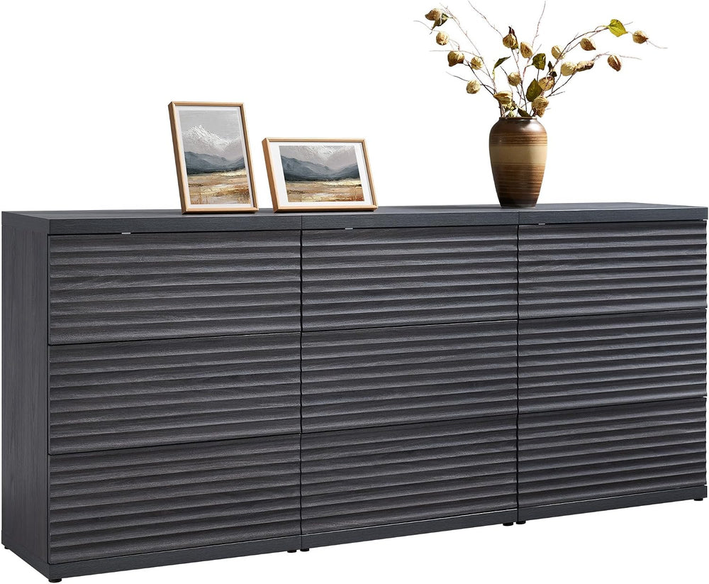 SICOTAS Black Fluted Sideboard Buffet Cabinet with 3 Large Drawers