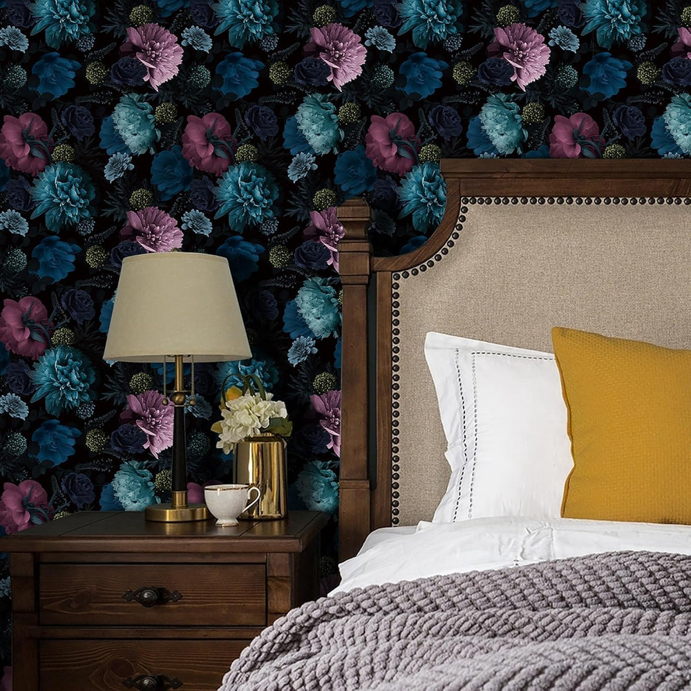 Livelynine 17.5x591" Black Floral Wallpaper Peel and Stick Moody Dark Vi...