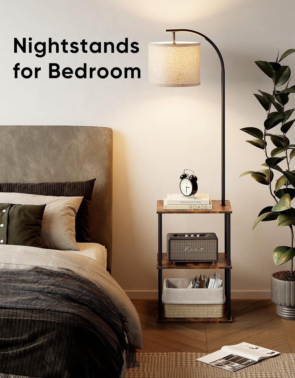 PARTPHONER Floor Lamp with Table, Night Stand with Lamp, Narrow Side Table wi...