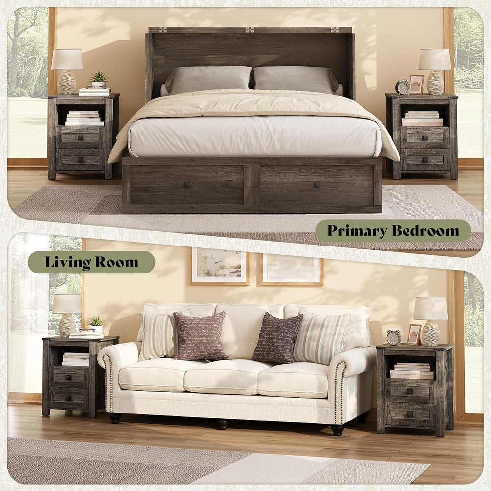 AMERLIFE Farmhouse Wood Nightstand Set of 2, End Table with Drawers, Grey | N...