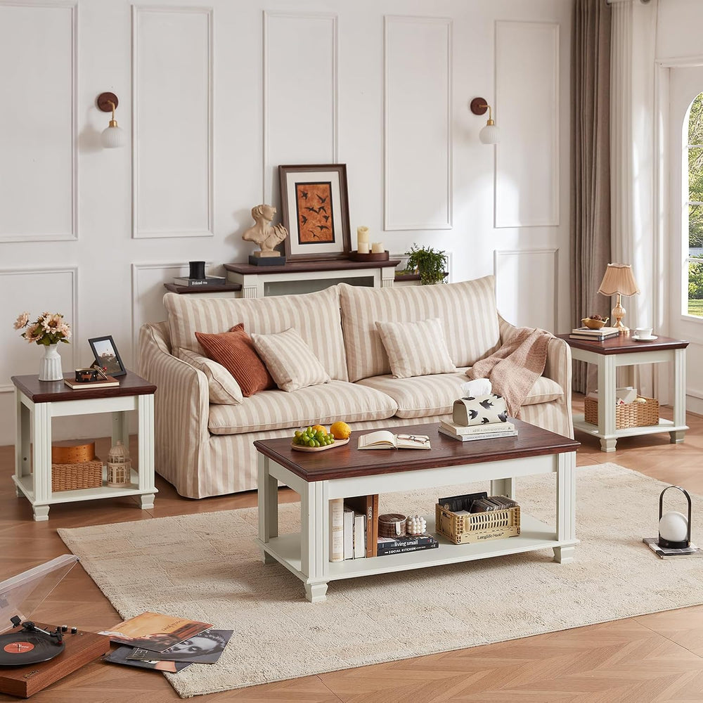 SAVOR LIFE Farmhouse Coffee Table Set of 3, White | Rustic Wood 3 Piece Coffe...