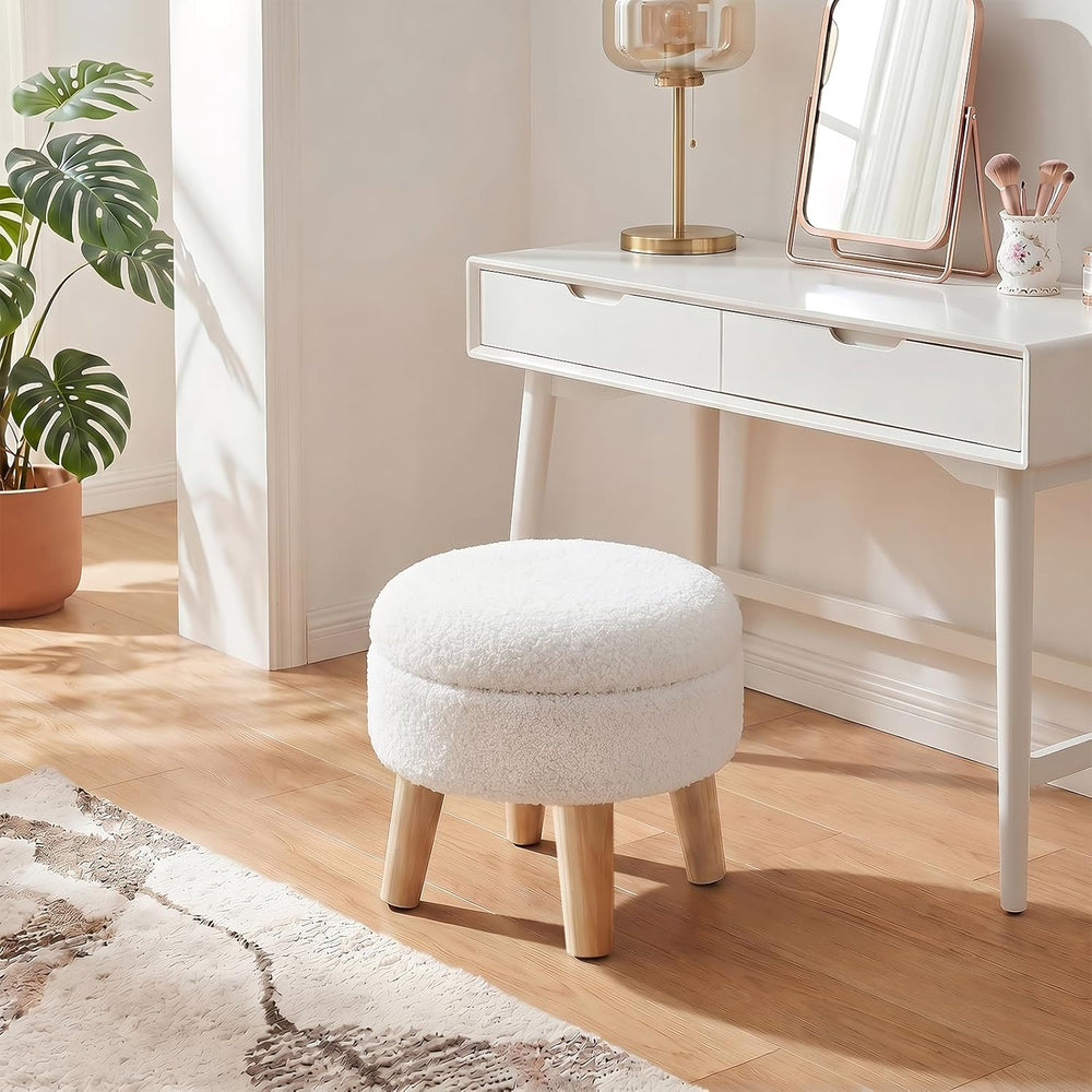 DUMOS Round Storage Ottoman Foot Rest, Compact Boucle Upholstered Footstool w...