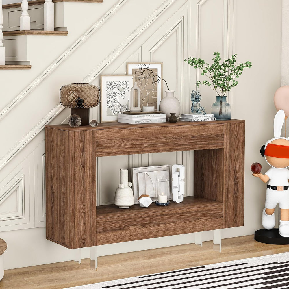 Entryway Table Console Table with Push-Open Doors, Woodgrain, Brown | Wood gr...