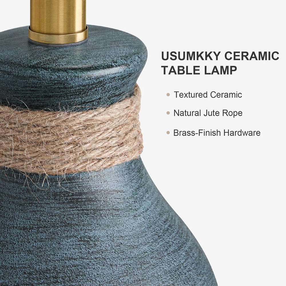 USumkky 22.5" Farmhouse Ceramic Table Lamp Coastal Bedside Lamp BlueโGrey