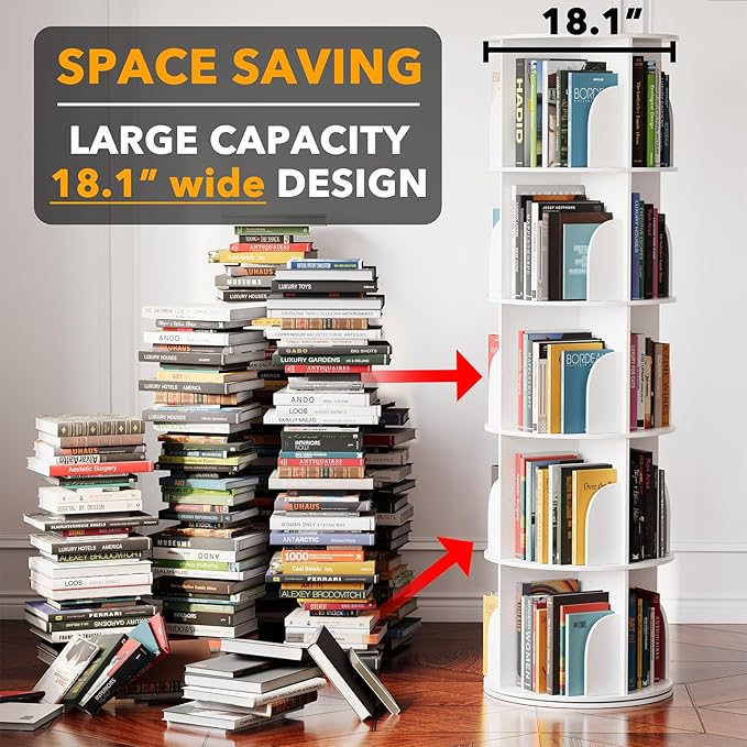 SpaceAid 5 Tier Rotating Bookshelf Tower, Spinning Bookcase Lazy Susan, Revol...