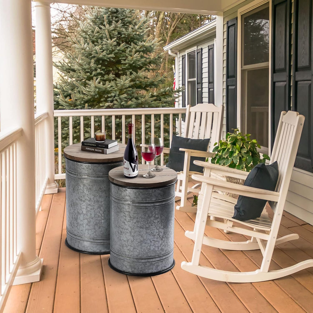 RUSTOWN Farmhouse Accent Side Table, Set of 2 Galvanized Storage Ottoman