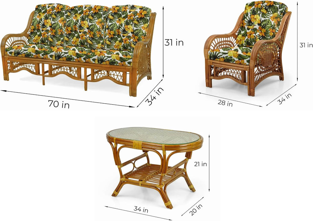 Malibu Lounge Set of 4: 2 Natural Rattan Wicker Chairs, Three-Seater Sofa wit...