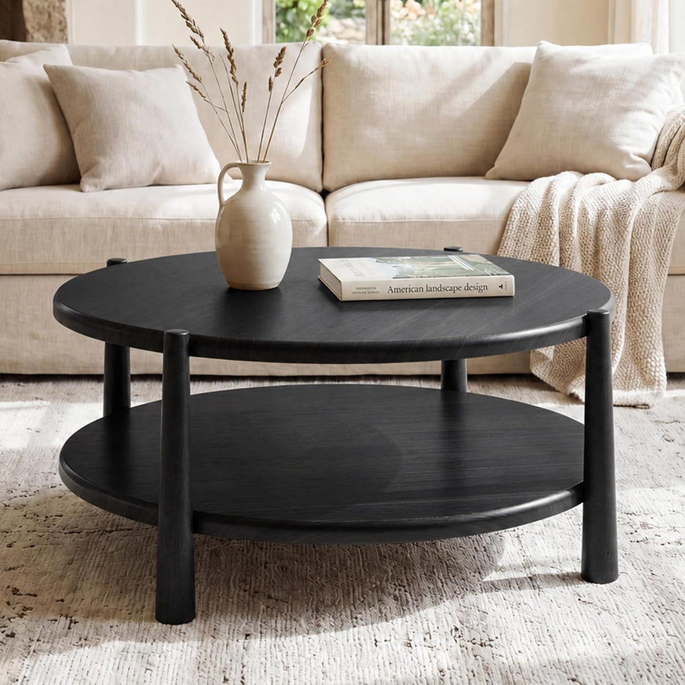 Black Round Coffee Table with Open Storage Shelf